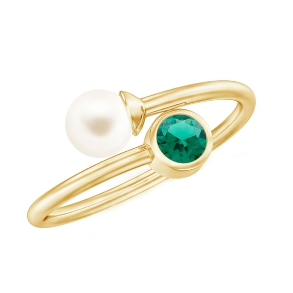 Rosec Jewels Cultured Freshwater Pearl Toi Et Moi Promise Ring - Pearl Emerald Ring for Women - AAA Quality - With Jewelry Box, 18K Yellow Gold, US 13.00
