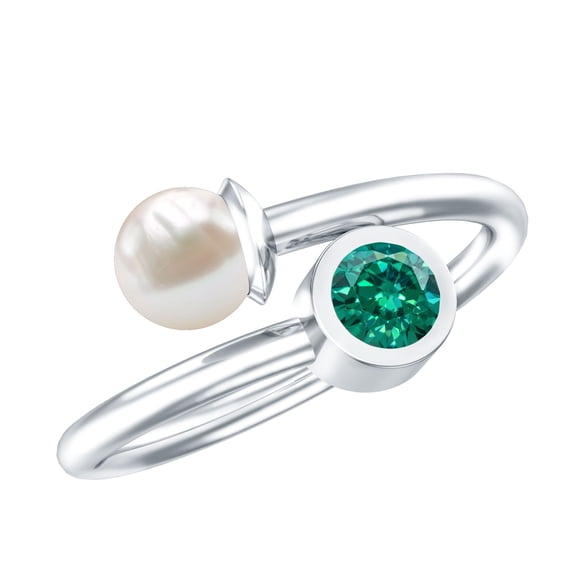 Rosec Jewels Cultured Freshwater Pearl Toi Et Moi Promise Ring - Pearl Emerald Ring for Women - AAA Quality - with Jewelry Box, 925 Sterling Silver, US 4.00