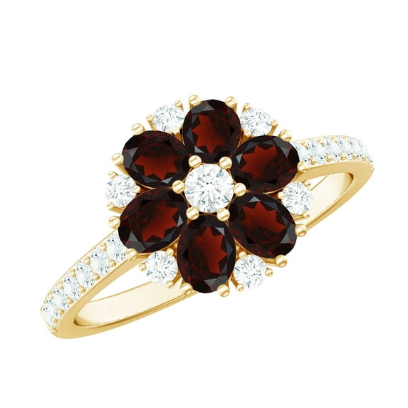 Rosec Jewels Natural Garnet Flower Engagement Ring for Women - Garnet Diamond Ring - AAA Quality - with Jewelry Box, 10K Yellow Gold, US 8.50