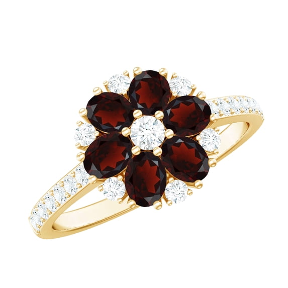 Rosec Jewels Natural Garnet Flower Engagement Ring for Women - Garnet Diamond Ring - AAA Quality - with Jewelry Box, 14K Yellow Gold, US 9.50
