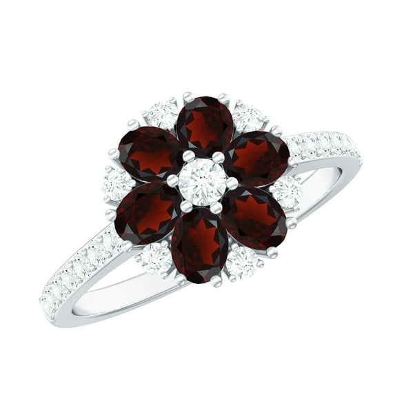 Rosec Jewels Natural Garnet Flower Engagement Ring for Women - Garnet Diamond Ring - AAA Quality - with Jewelry Box, 18K White Gold, US 11.00