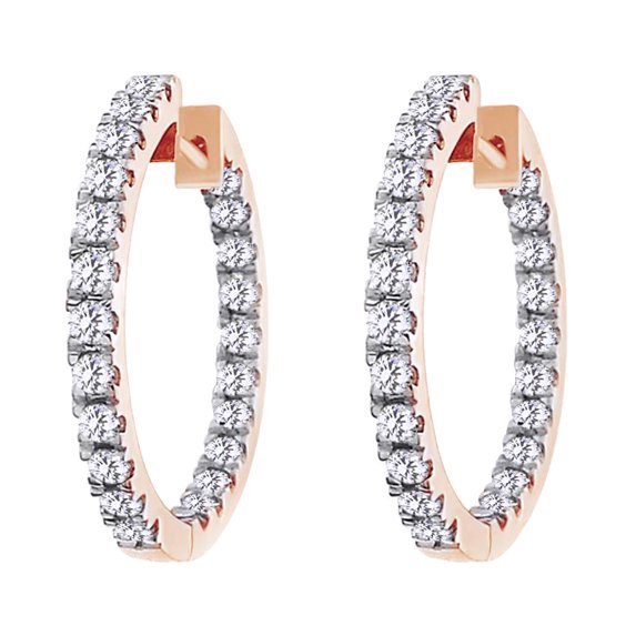 AFFY 2 CT In & Out Side Round Cut White Natural Diamond Hoop Earrings In 10k Rose Gold