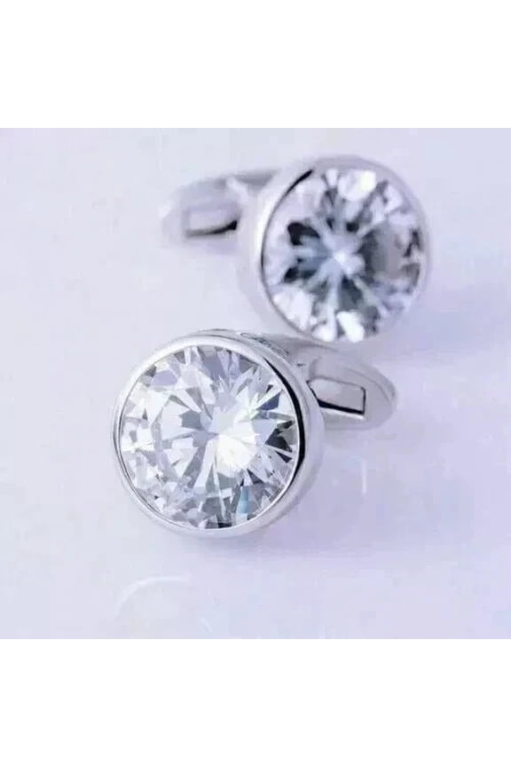 2 CT Lab Created Diamond Round Men's Cufflinks 14k White Gold Plated Silver