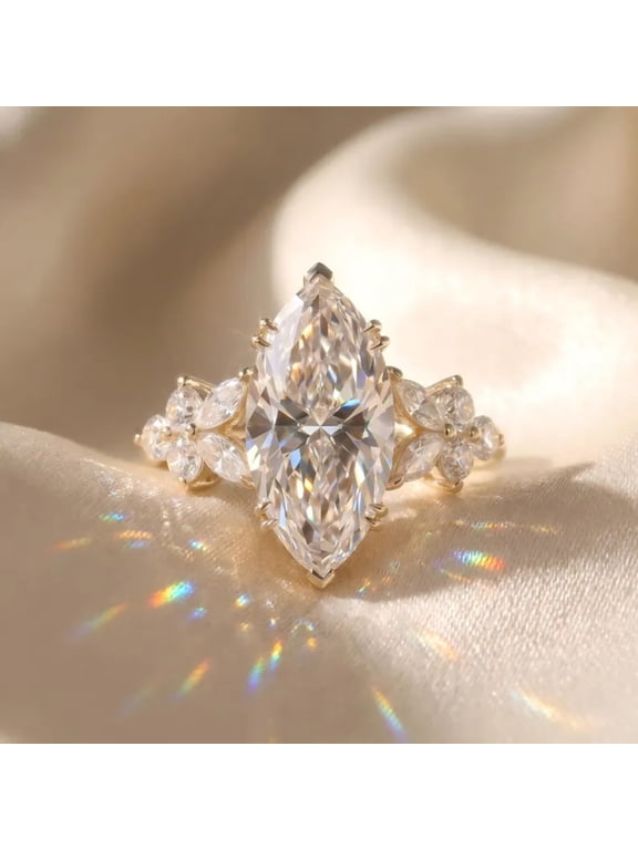 2 CT Marquise Cut Diamond Engagement Ring in 14K Yellow Gold Vermeil, Floral Side Stone Solitaire Ring, Bridal Promise Ring for Women