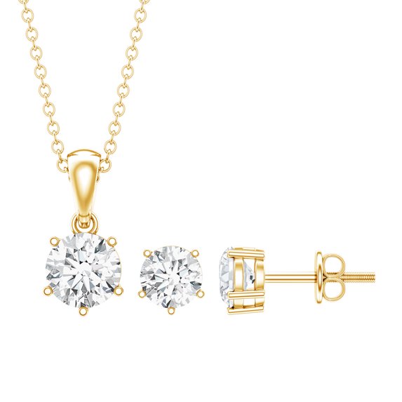 Rosec Jewels Certified Moissanite Pendant and Earrings Set - D-VS1 Quality Moissanite Solitaire Jewelry Set for Women - Ready to Gift, 18K Yellow Gold