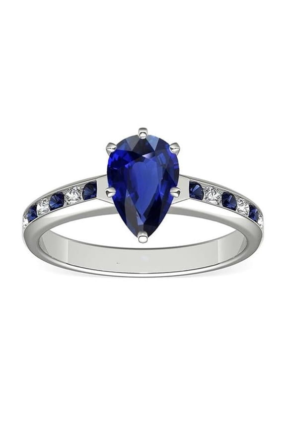 2 CT Pear Channel Set Blue Sapphires & Diamonds Engagement Ring, Size 6.5
