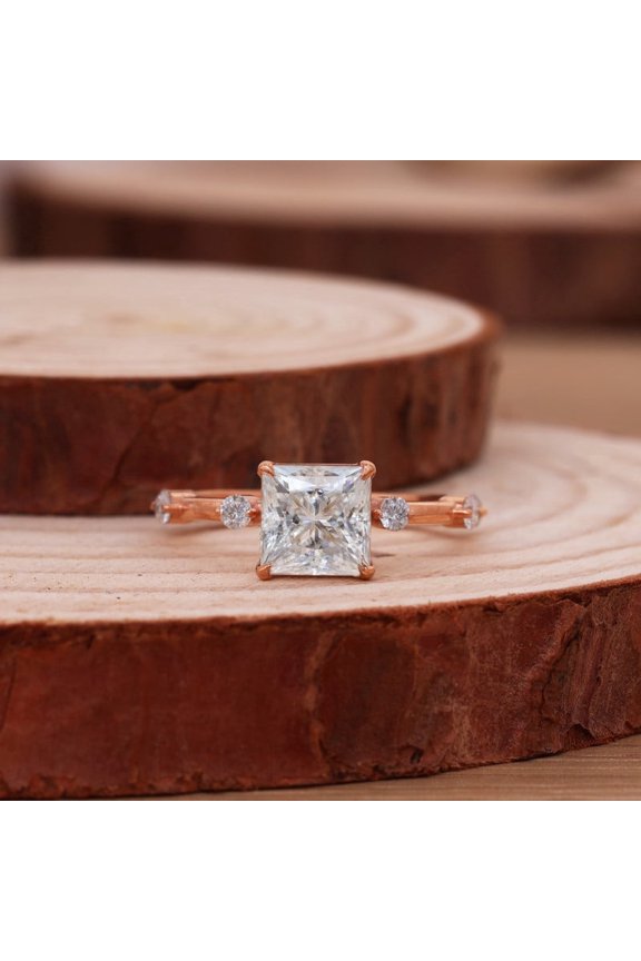 2 CT Princess Cut Moissanite Diamond Distance Pave Engagement Ring, Solid Gold Wedding Band, Unique Anniversary Gift for Her