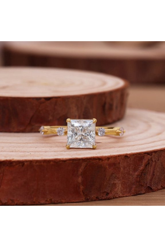 2 CT Princess Cut Moissanite Diamond Distance Pave Engagement Ring, Solid Gold Wedding Band, Unique Anniversary Gift for Her