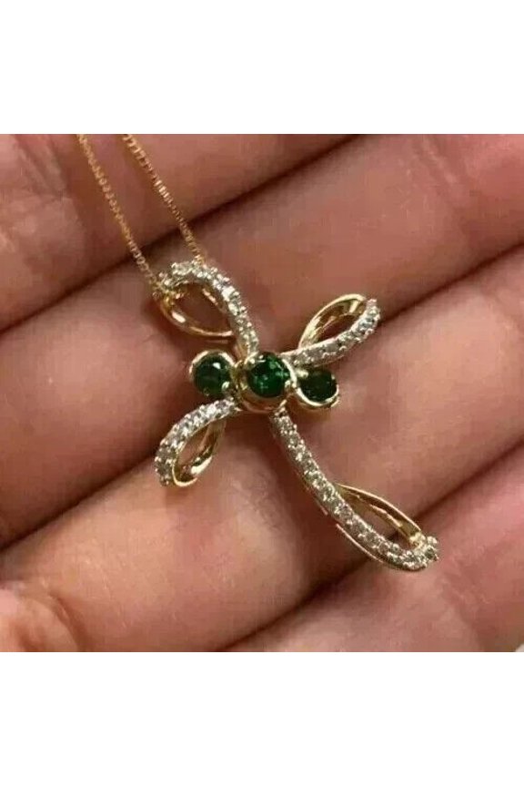 2 CT Round Cut Lab-Created Emerald Diamond Cross Pendant 14K Yellow Gold Plated