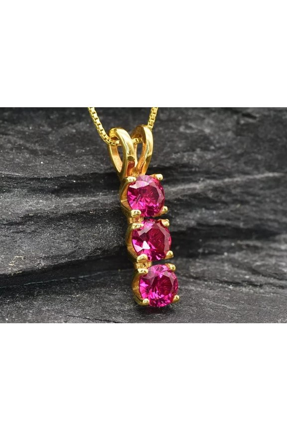 2 CT Round Cut Lab Created Pink Ruby Three Stone Pendant 14k Yellow Gold Plated Silver