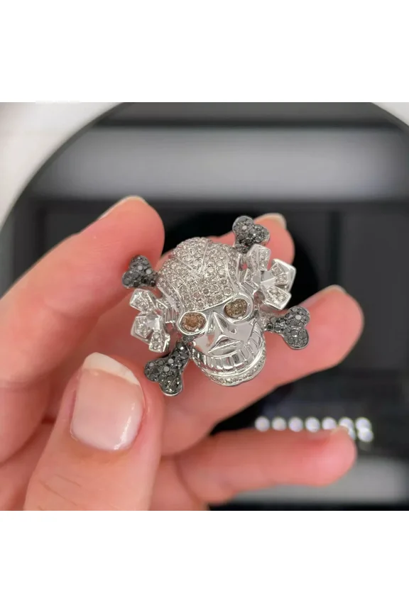 2 CT Round Cut Moissanite Skull Bones Ring 14K White Gold Plated Silver