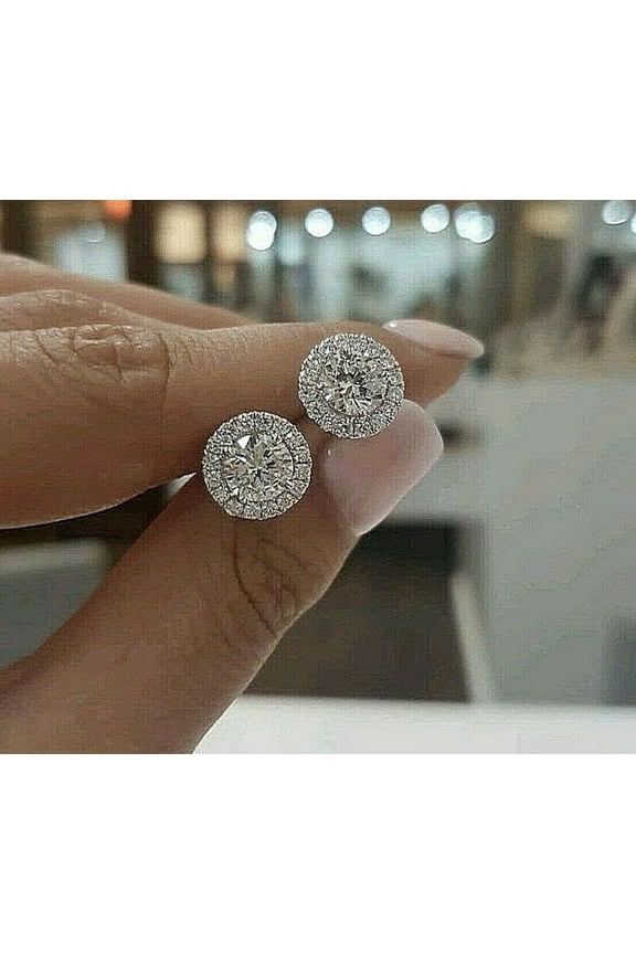 2 CT Round cut lab Created Diamond Womens Stud Earrings 14K White gold Plated