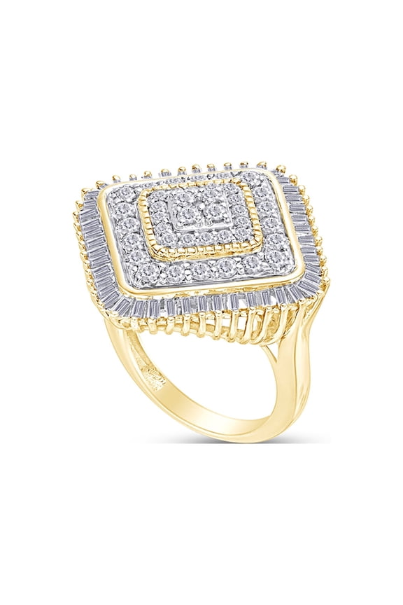 2 CT. T.W. Baguette and Round Cut Natural Diamond Cushion Frame Anniversary Ring In 14K Yellow Gold Over Sterling Silver (J-K Color, I2-I3 Clarity), Ring Size-6.5
