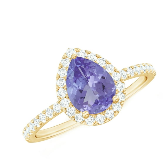 Rosec Jewels Natural Tanzanite and Diamond Ring, Teardrop Engagement Ring for Women, Tanzanite Vintage Ring, 18K Yellow Gold, US 3.00