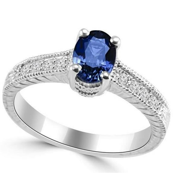 2 CT Vintage Style Ceylon Sapphire Diamond Ring, 14K White Gold - Size 6.5