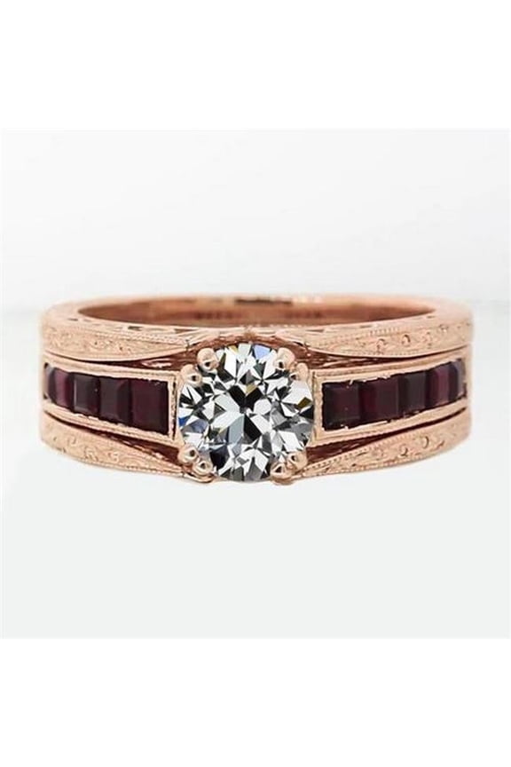 2 CT Wedding Ring Set Old Cut Diamond & Rubies Double Prong Set, Size 6.5