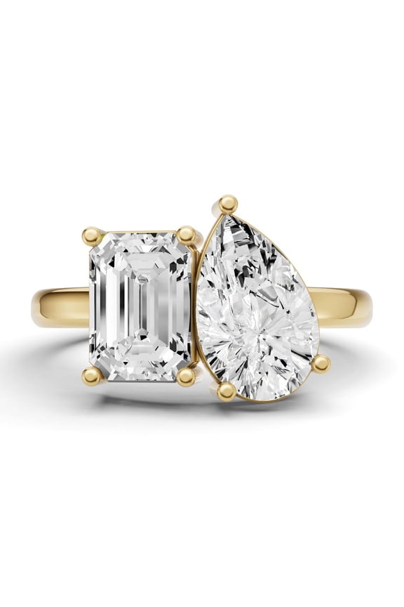 2 CTW Emerald and Pear Cut Lab-Grown Diamond Two-Stone Ring in 14K Yellow Gold (Ring Size: 7)