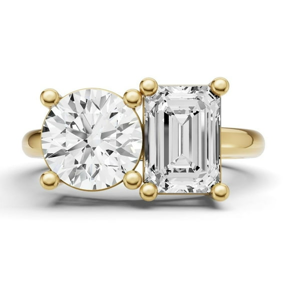 2 CTW Round and Emerald Cut Lab-Grown Diamond Two-Stone Ring in 14K Yellow Gold, E-F Color, VS1-VS2 Clarity (Ring Size: 6)