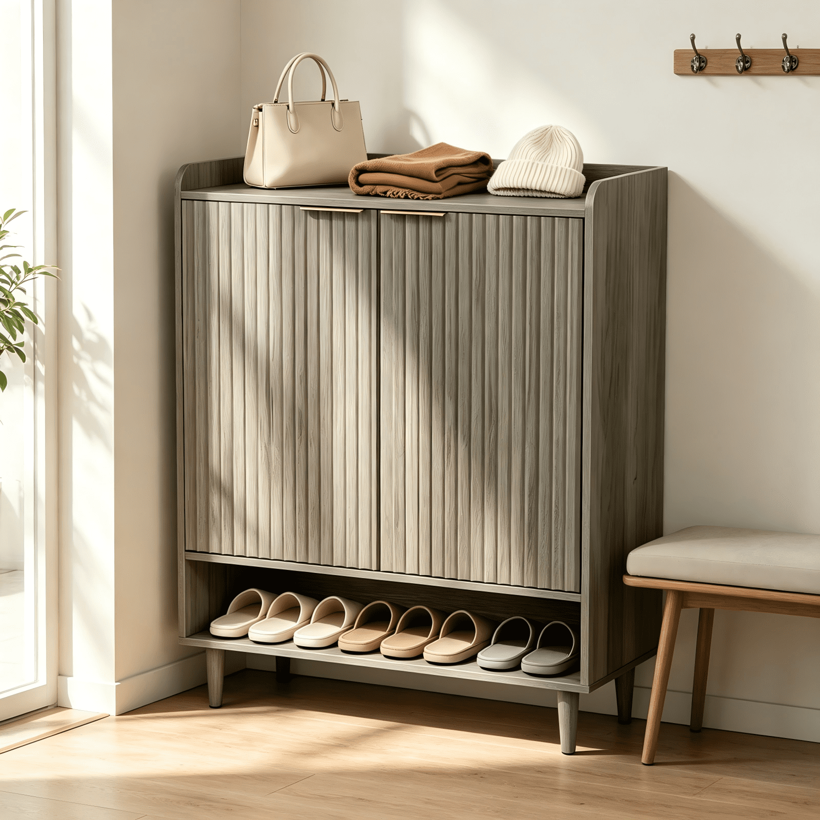 2 Cabinet Doors with Top Railing and 1 Row of Shelves for Shoe Cabinets Melamine Board + MDF Conical Leg Grille Shoe Cabinet, 31.61*14.17*41.97in, Grey Oak