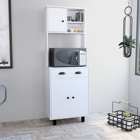 2 Cabinets, Open Shelves, Drawer Kitchen Storage - Freestanding White Cabinet For Pantry With Cabinets Display Engineered Wood Construction