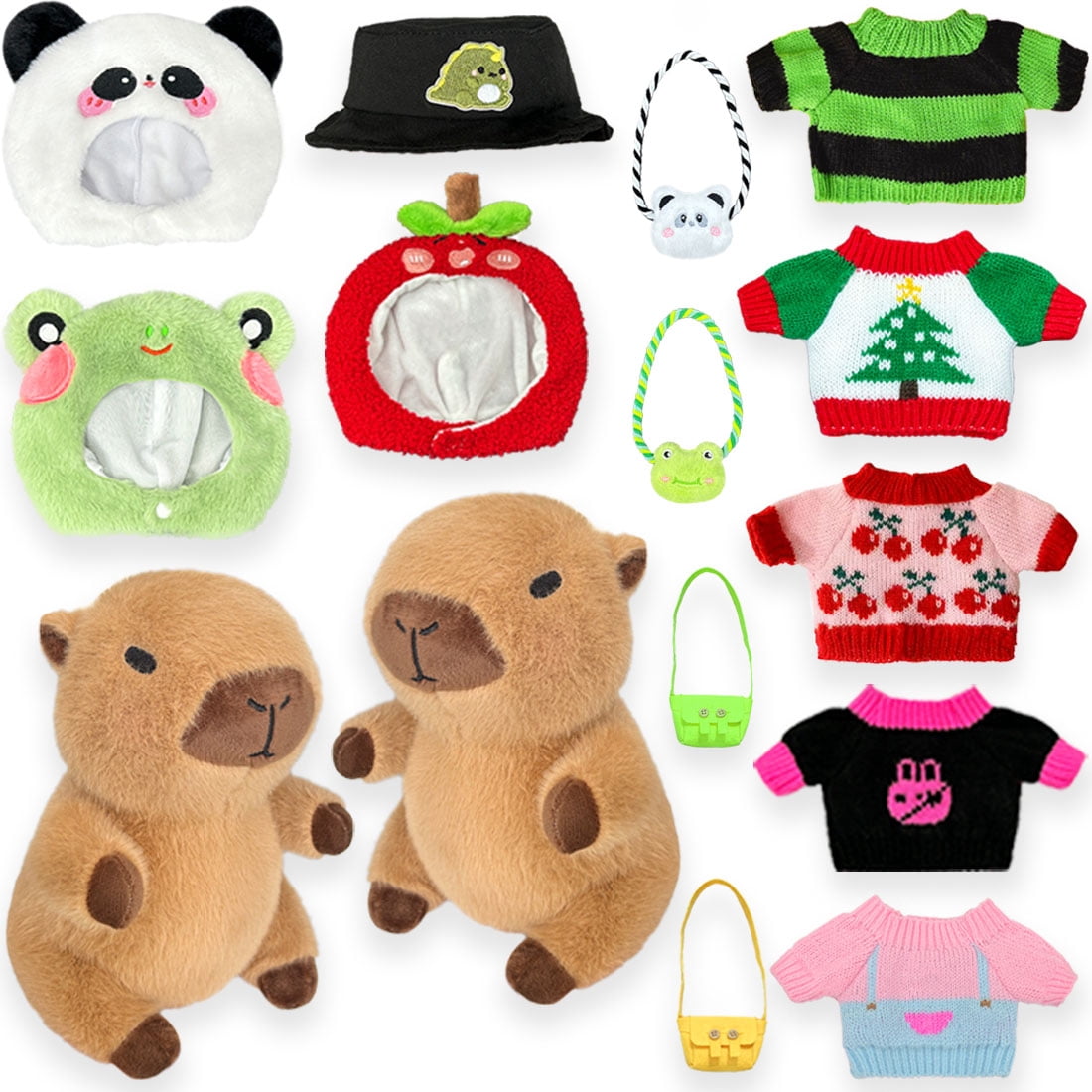 2 Capybara Plush with 12/13 pcs Clothes & Accessories, Dress Up Capybara Stuffed Animal Plush Toys, 10.2 in Cute Plushies for Girl/Boy Birthday