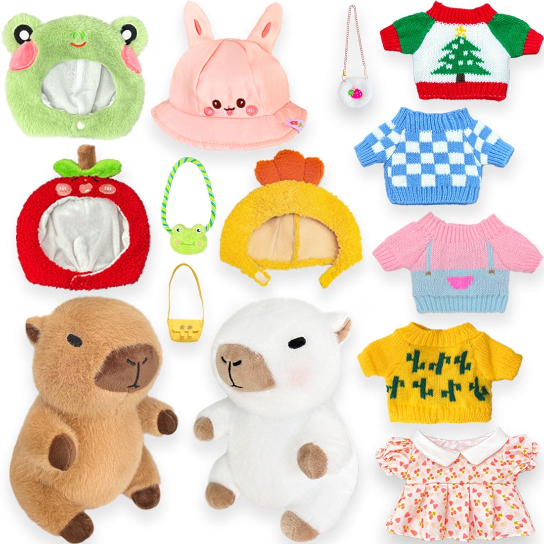 2 Capybara Plush with 12/13 pcs Clothes & Accessories, Dress Up Capybara Stuffed Animal Plush Toys, 10.2 in Cute Plushies for Girl/Boy Birthday