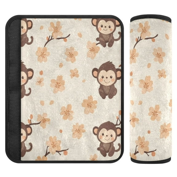 2 Car Seat Belt Covers S Size 6.5*6.5 Inches Car Seat Belt Shoulder Pad Backpack Shoulder Pad Stroller Belt Cover Cute Little Brown Monkey