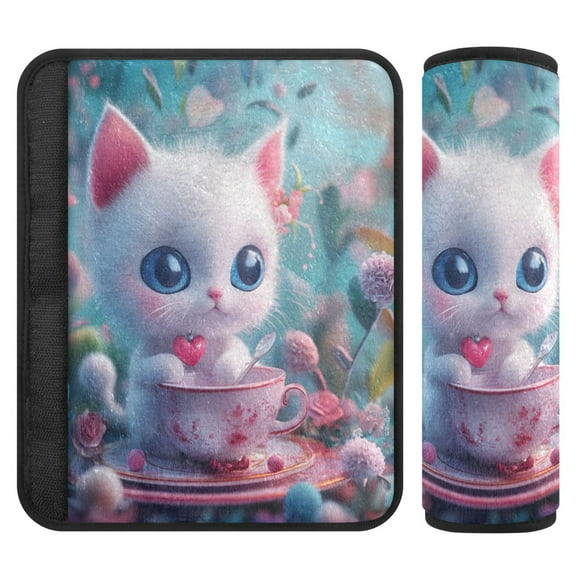 2 Car Seat Belt Covers S Size 6.5*6.5 Inches Car Seat Belt Shoulder Pad Backpack Shoulder Pad Stroller Belt Cover Lovely Cartoon Little White Cat