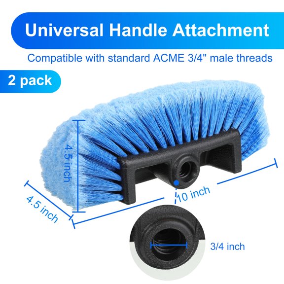 2 Car Wash Brush Heads, Soft Bristle Flow Thru Design, 10 Inch, Replacement Heads for Exterior Cleaning, Compatible with Auto Truck RV Boat