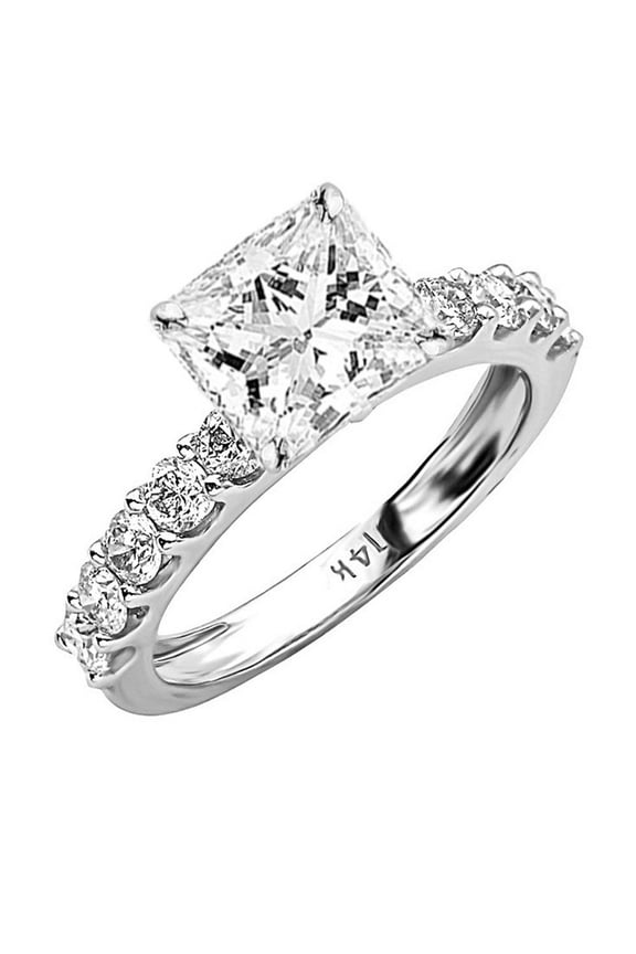 2 Carat 14K White Gold Classic Side Stone Prong Set GIA Certified Princess Cut Diamond Engagement Ring (1 Ct E Color SI2 Clarity Center Stone)