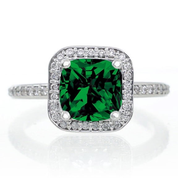 2 Carat 6mm Princess Cut Green Emerald Classic Diamond Moissanite Halo Engagement Ring On 10K White Gold, Gift For Her, Promise Ring, Anniversary Ring
