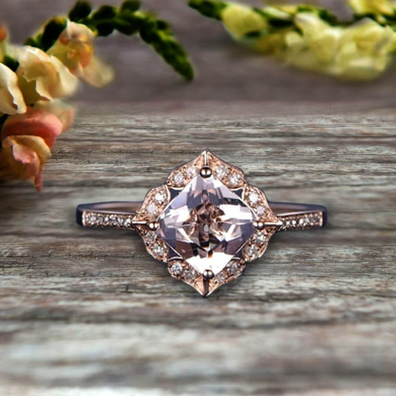 2 Carat 6mm Princess Cut Pink Morganite Engagement Ring On 10k Rose Gold Wedding Ring Art Retro Vintage Looking