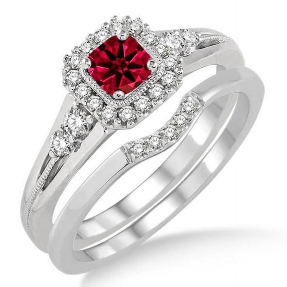 2 Carat 6mm Princess Cut Ruby Diamond Moissanite Bridal Set Halo Engagement Ring Bridal Set on 10k White Gold
