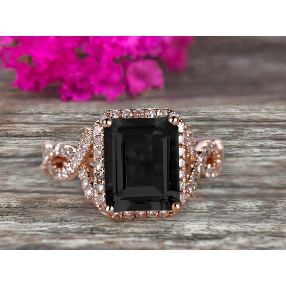 2 Carat 7X5mm Emerald Cut Black Diamond Moissanite Engagement Ring 10K Rose Gold Promise Ring For Bride Or Anniversary Gift Startling Jewelry Twisted Across Design Halo Art Deco