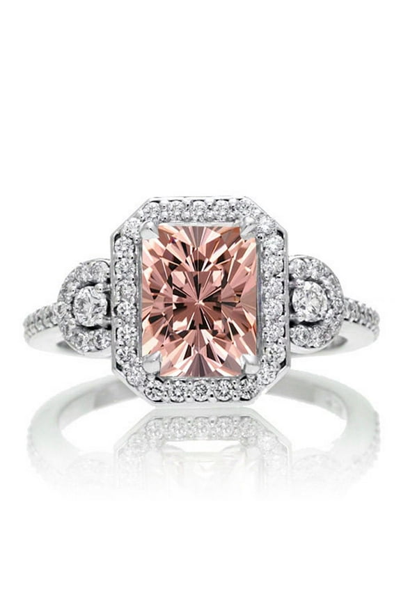 2 Carat 7X5mm Emerald Cut Morganite And Diamond Moissnaite Halo Engagement Ring On 10K White Gold, Promise Ring, Anniversary Ring