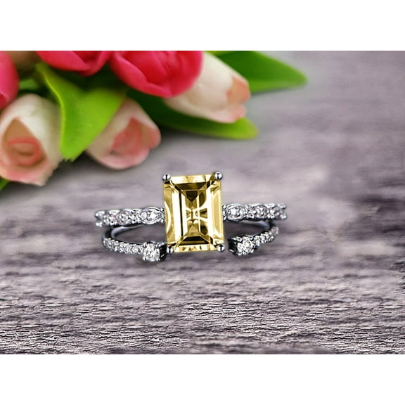 2 Carat 7x5mm Emerald Cut 10k White Gold Champagne Diamond Moissanite Engagement Ring Bridal Set