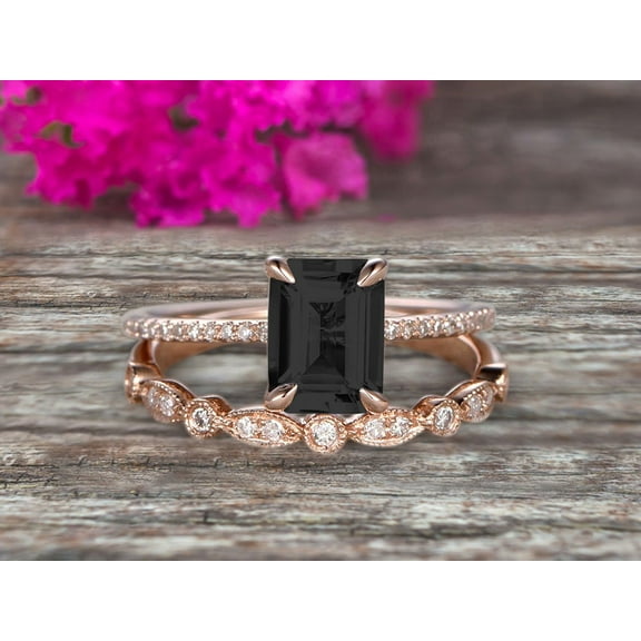 2 Carat 7x5mm Emerald Cut Art Deco Black Diamond Moissanite 10k Rose Gold Wedding Set Engagement Ring Anniversary Ring Surprise