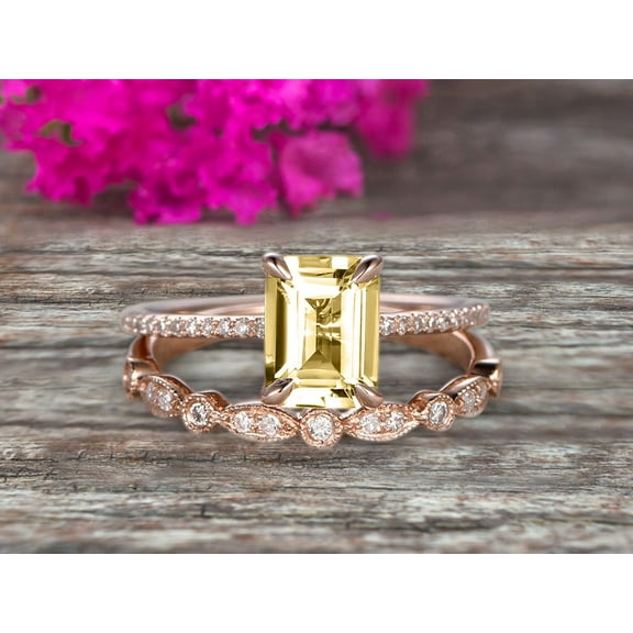 2 Carat 7x5mm Emerald Cut Art Deco Champagne Diamond Moissanite 10k Rose Gold Wedding Set Engagement Ring Anniversar Ring Surprisingly