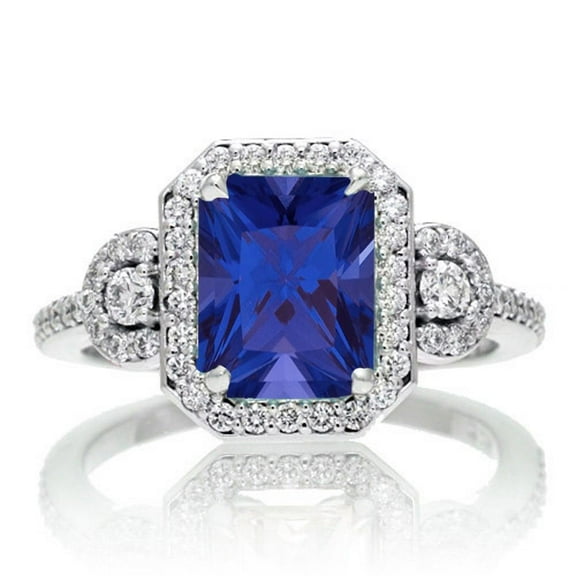 2 Carat 7x5mm Emerald Cut Blue Sapphire Halo Moissanite Diamond Ring on 10k White Gold