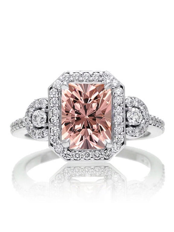 2 Carat 7x5mm Emerald Cut Morganite Halo Engagement Ring with 18k Gold Plating