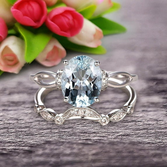 2 Carat 8X6mm Oval Cut Aquamarine Bridal Ring Set With Curved Loop Stacking Matching Wedding Band On 10K White Gold