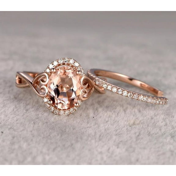2 Carat 8x6mm Oval Cut Morganite & Diamond Moissanite Wedding Bridal Ring Set in 10k Rose Gold One Engagement Ring & Wedding Band