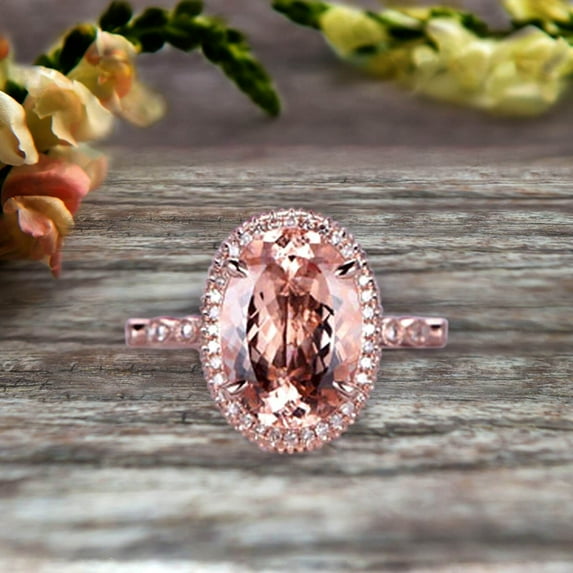2 Carat 8x6mm Oval Cut Morganite Engagement Ring On 10k Rose Gold Halo Stackable Ring Art Deco Anniversary Gift Personalized for Brides