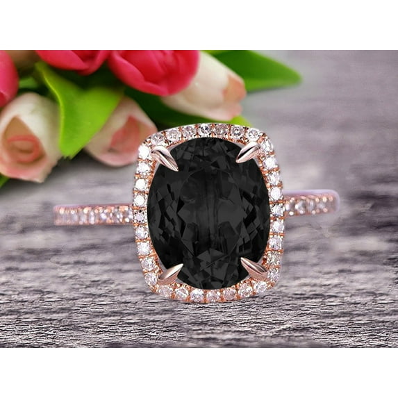 2 Carat Big Oval Shape Black Diamond Moissanite Engagement Ring Wedding Ring in 10k Rose Gold Halo Design Art Deco Personalized for Brides