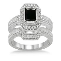 2 Carat Black Diamond Antique Halo Bridal set on 10k White Gold