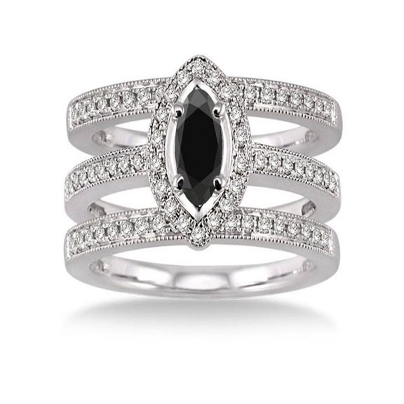 2 Carat Black Diamond Antique Trio set Halo Ring on 10k White Gold
