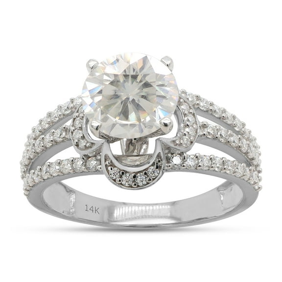 2 Carat Center 6.5MM Round Cut Lab Created Moissanite Diamond Halo Engagement Split Shank Promise Ring For Women 14K Solid White Gold (G-H Color, VVS1 Clarity, 2 Cttw)-6.5