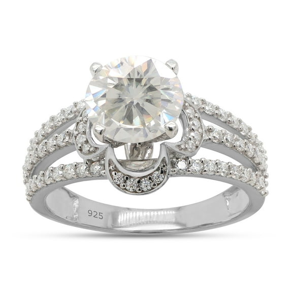 2 Carat Center 6.5MM Round Cut Lab Created Moissanite Diamond Halo Engagement Split Shank Promise Ring In 14K White Gold Over Sterling Silver (G-H Color, VVS1 Clarity, 2 Cttw)-9
