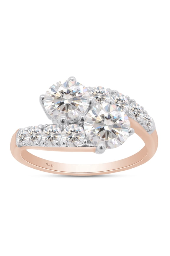 2 Carat Center 6MM Round Cut Lab Created Moissanite Diamond Two Stone Bypass Engagement Ring For Women In 14K Rose Gold Over Sterling Silver (G-H Color, VVS1 Clarity, 2 Cttw)-7.5