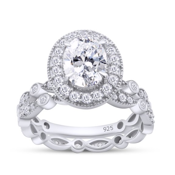 2 Carat Center 6X8MM Oval & Round Cut Lab Created Moissanite Diamond Halo Vintage Style Bridal Ring Set In 14K White Gold Over Sterling Silver (G-H Color, VVS1 Clarity)-8.5